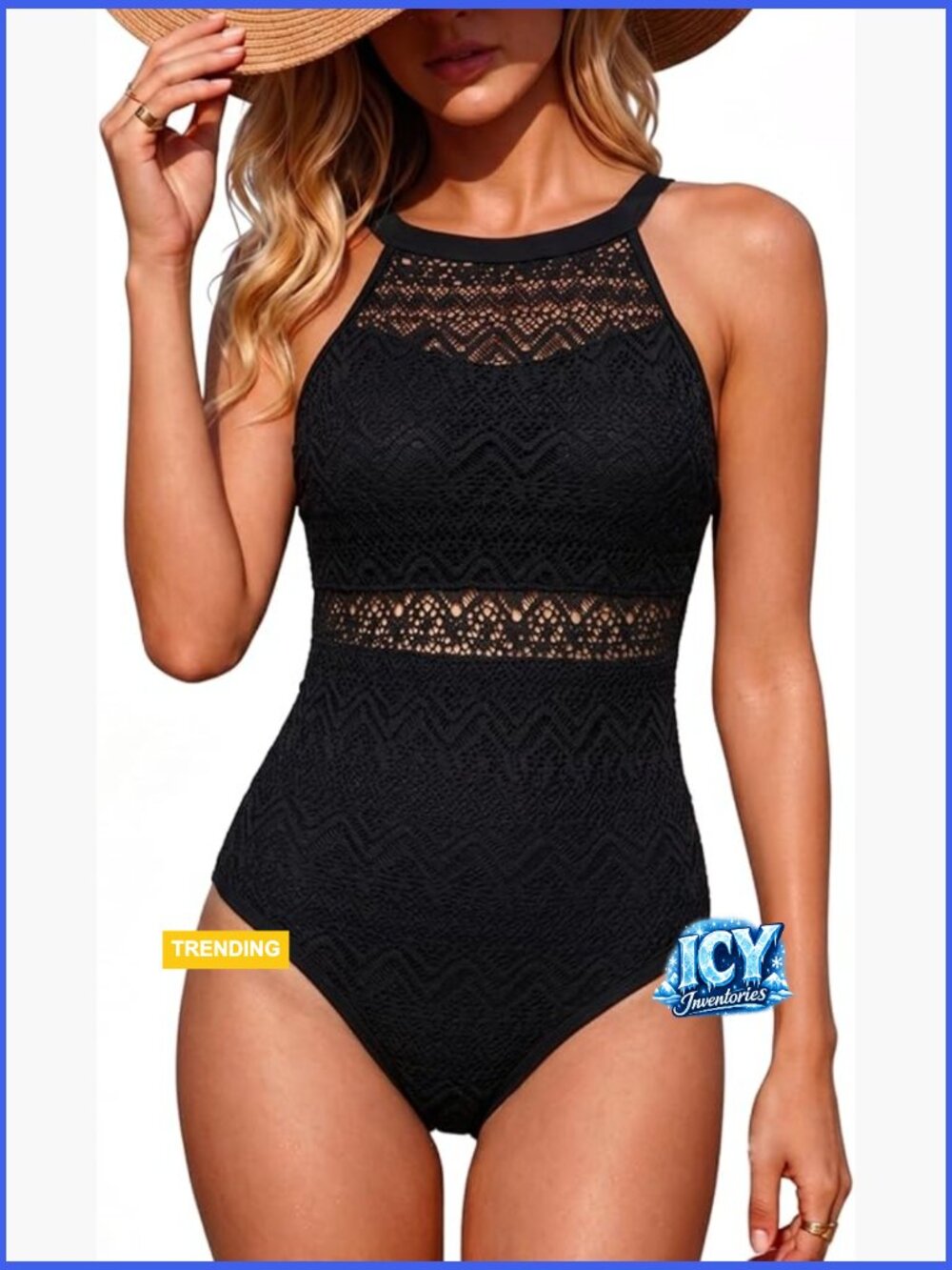 Crochet Tummy Control One Piece Swimsuit High Neck Full Coverage